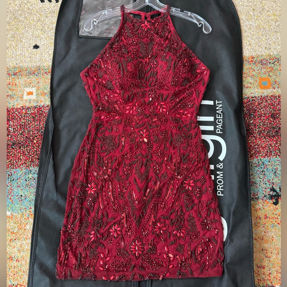Primavera Maroon, fully beaded, halter style, open back dress